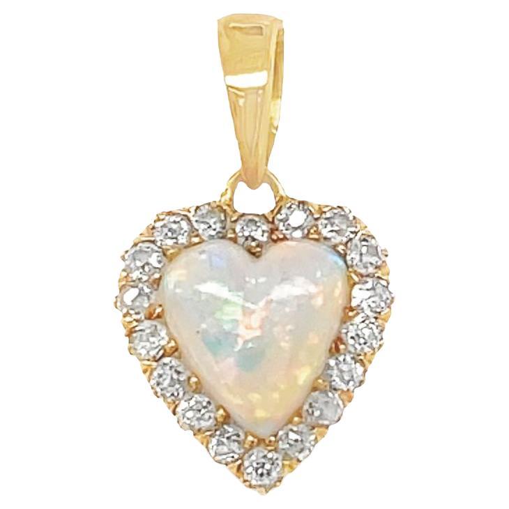 Antique 14K Yellow Gold Heart Opal Heart Halo Diamond Pendant For Sale