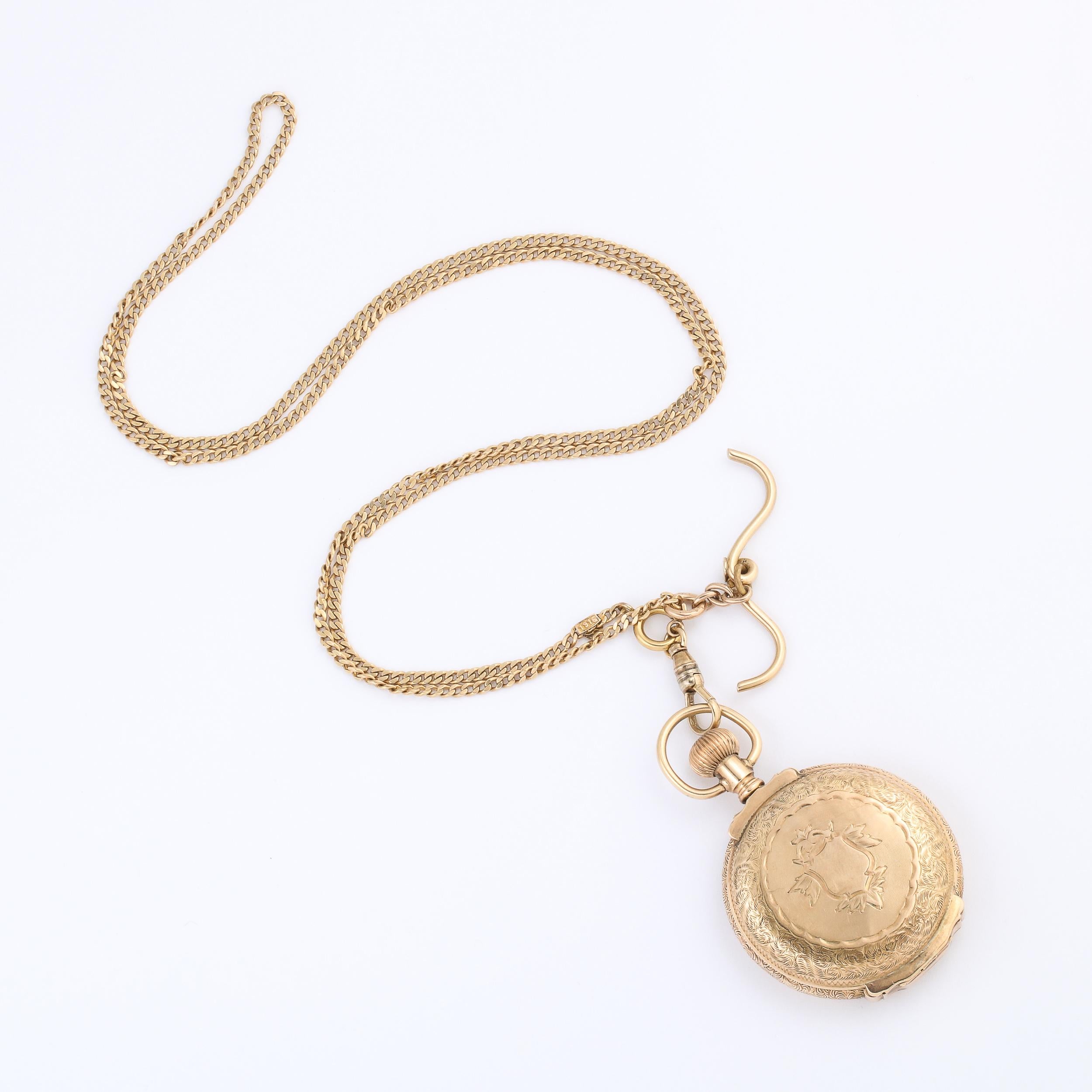 Montre de chasse d'antiquités pour femme en or jaune 14 carats avec chaîne  par Waltham Watch Co. 1888 en vente 7