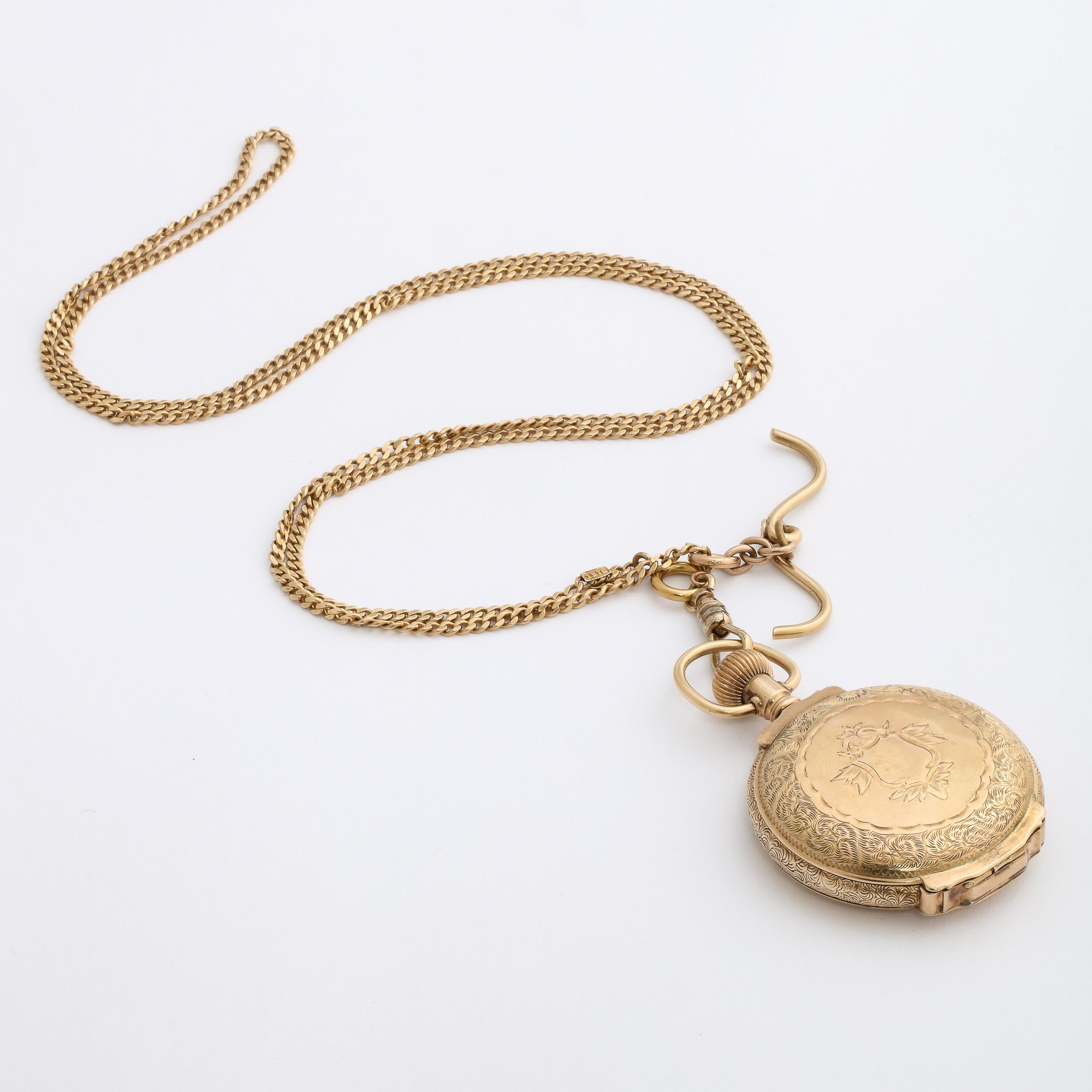 Montre de chasse d'antiquités pour femme en or jaune 14 carats avec chaîne  par Waltham Watch Co. 1888 en vente 8