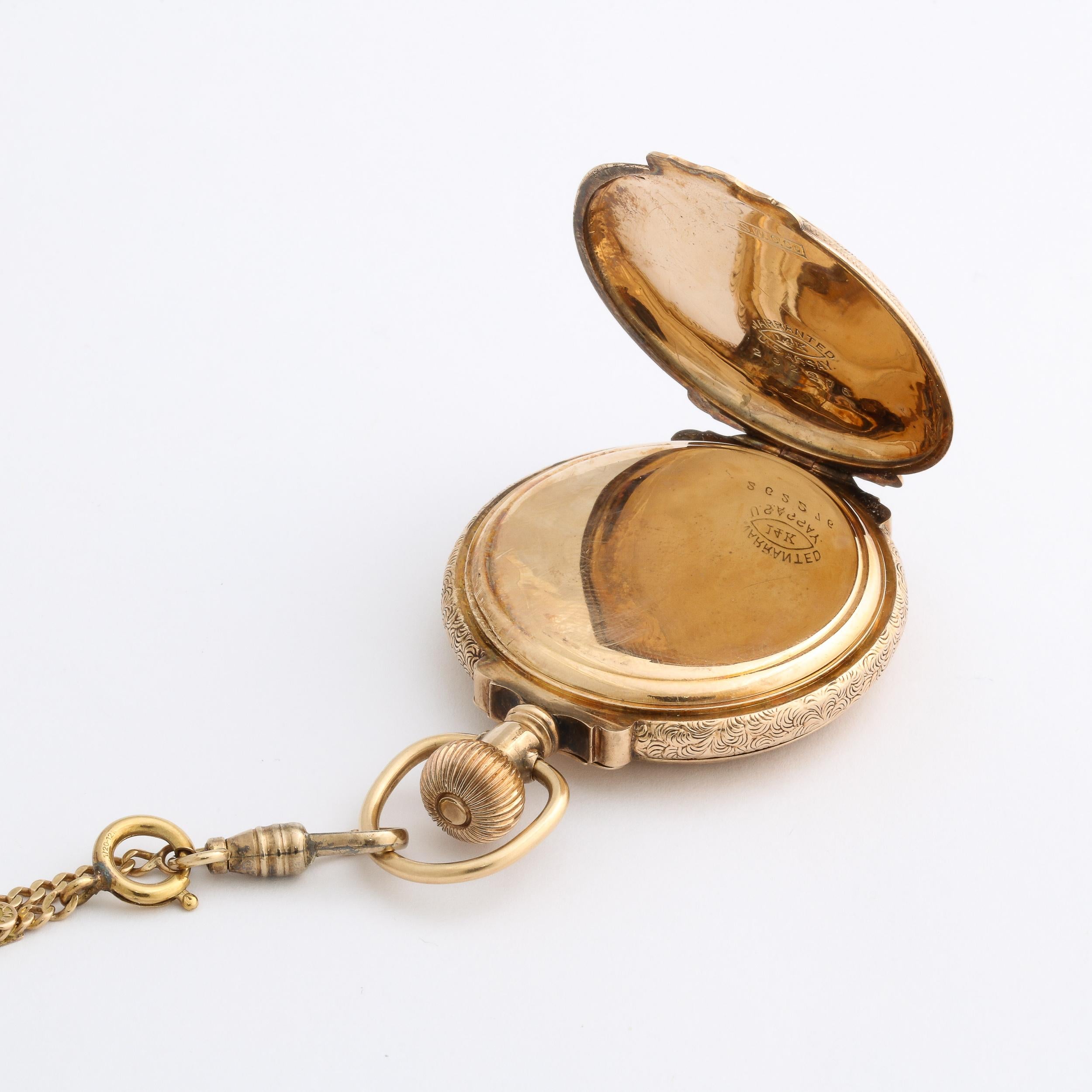 Montre de chasse d'antiquités pour femme en or jaune 14 carats avec chaîne  par Waltham Watch Co. 1888 en vente 9