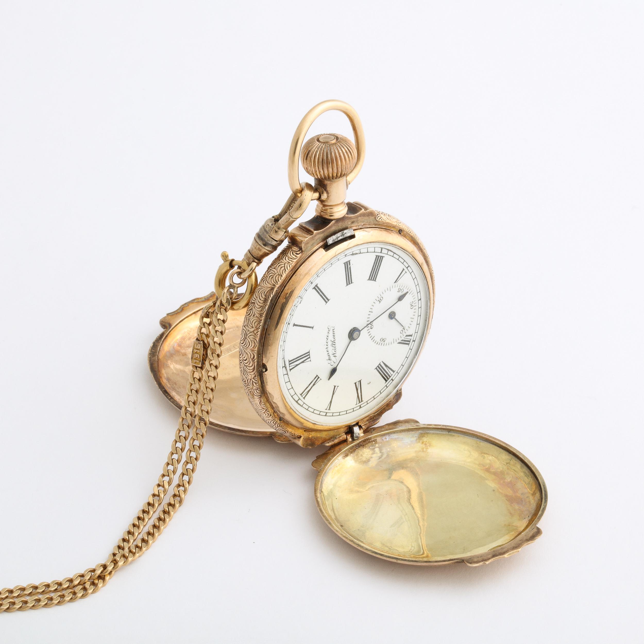 Antique 14K Yellow Gold Lady's Hunting Watch W/ Chain  by Waltham Watch Co. 1888 For Sale 8