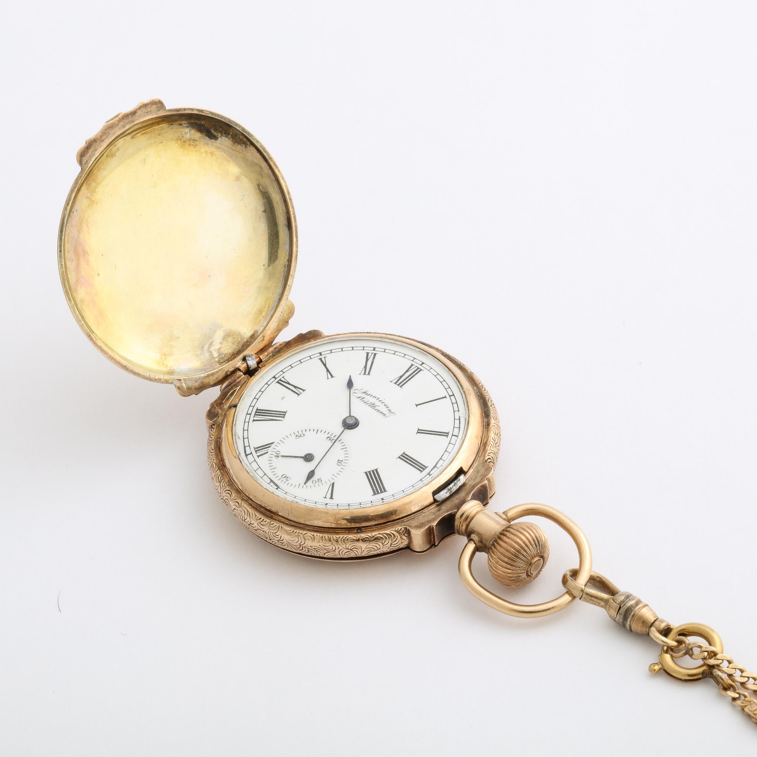 Antique 14K Yellow Gold Lady's Hunting Watch W/ Chain  by Waltham Watch Co. 1888 For Sale 10