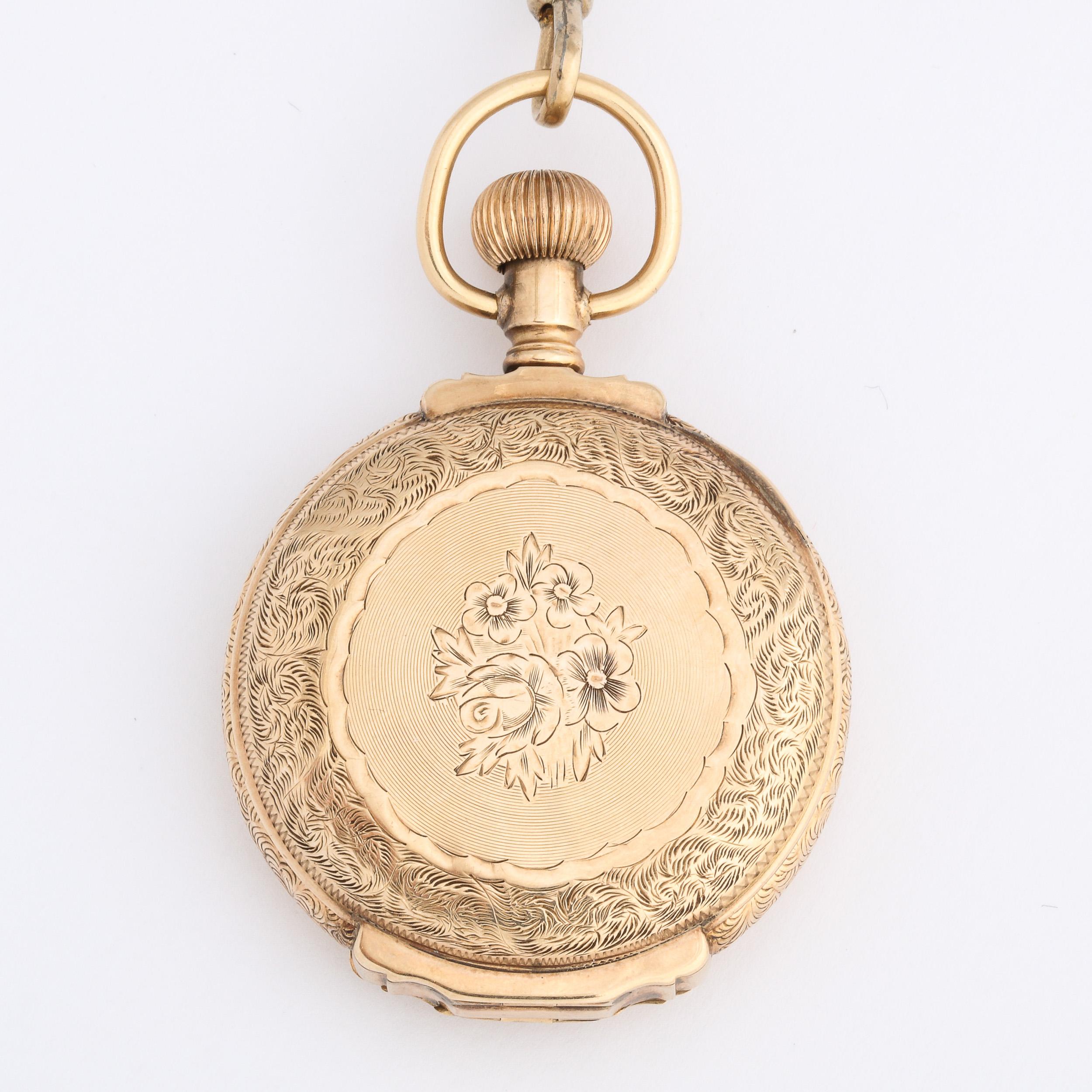Antike 14 Karat Gelbgold Damen- Jagduhr mit Kette  Waltham Watch Co., 1888 für Damen oder Herren im Angebot