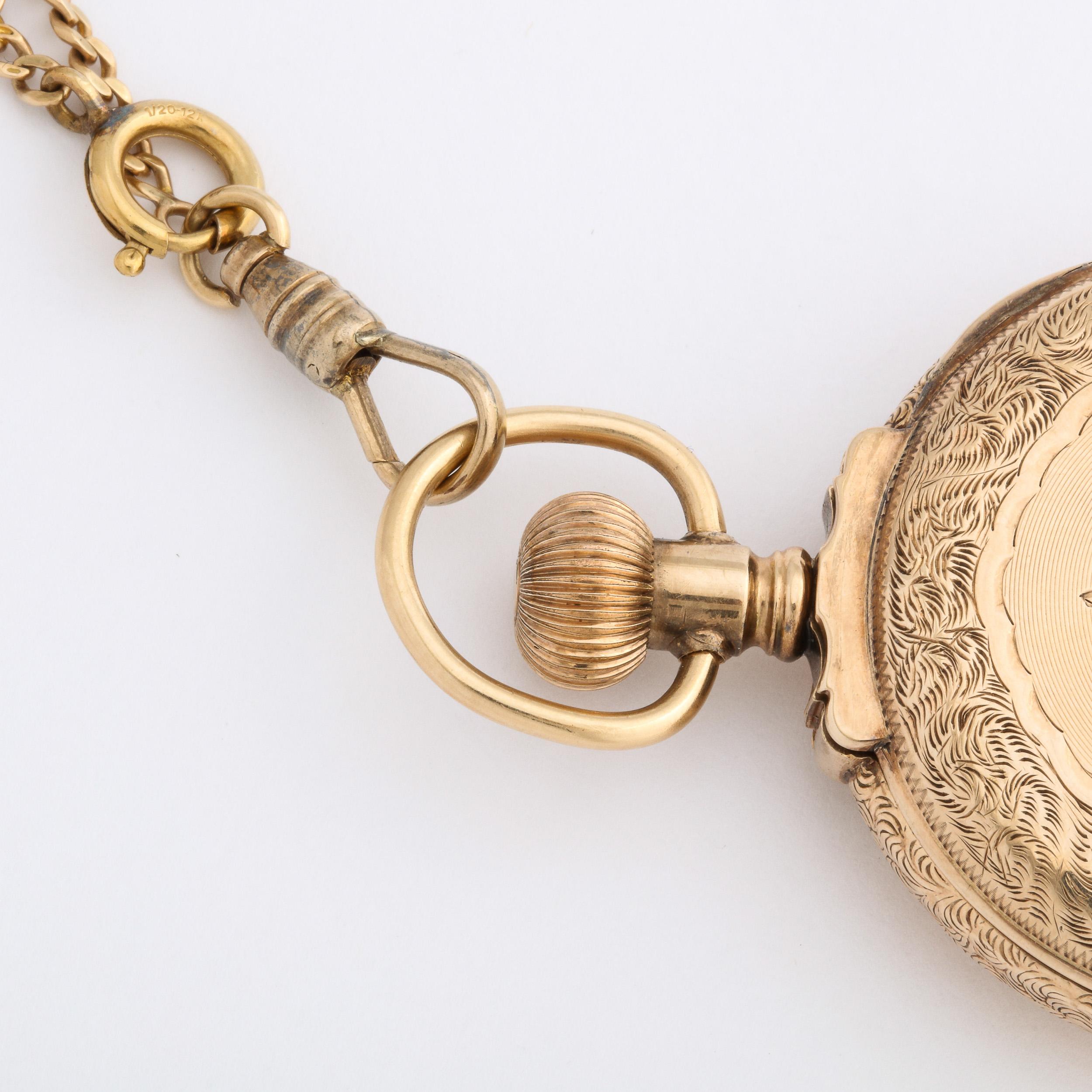 Antique 14K Yellow Gold Lady's Hunting Watch W/ Chain  by Waltham Watch Co. 1888 In Excellent Condition For Sale In New York, NY