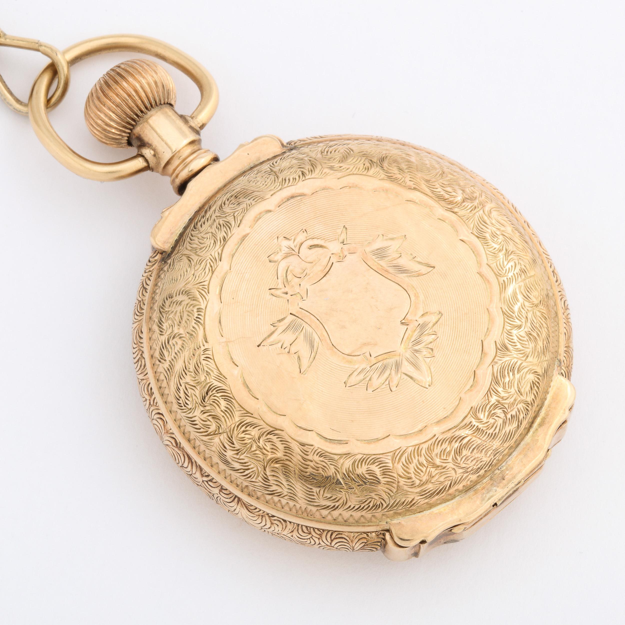 Antike 14 Karat Gelbgold Damen- Jagduhr mit Kette  Waltham Watch Co., 1888 im Angebot 4
