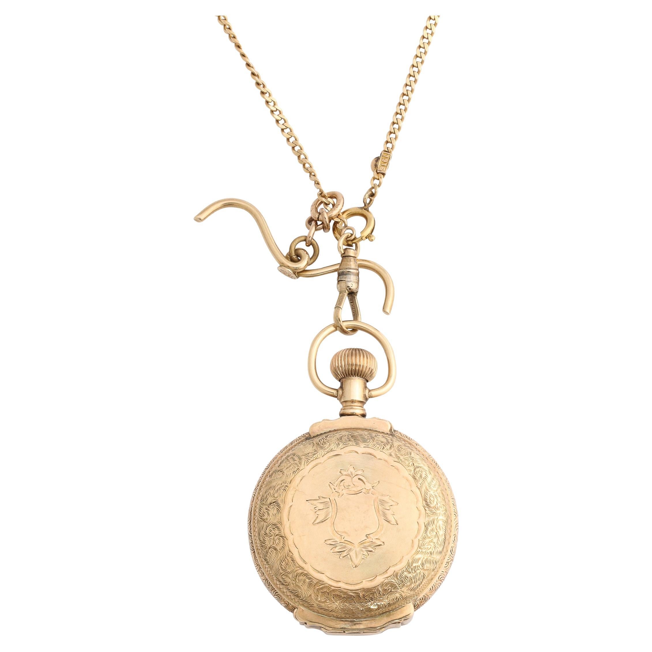 Montre de chasse d'antiquités pour femme en or jaune 14 carats avec chaîne  par Waltham Watch Co. 1888 en vente
