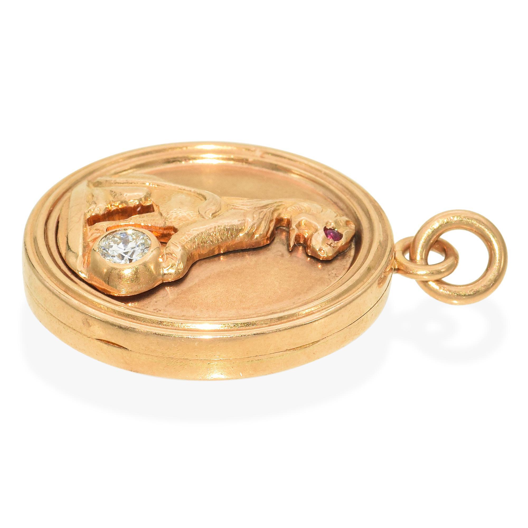 Women's Antique 14k Yellow Gold Lion Holding A Diamond Sphere Locket For Sale