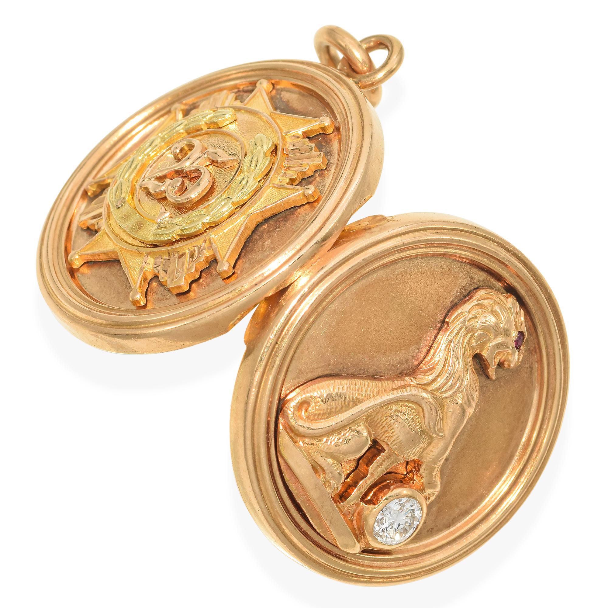Antique 14k Yellow Gold Lion Holding A Diamond Sphere Locket For Sale 1