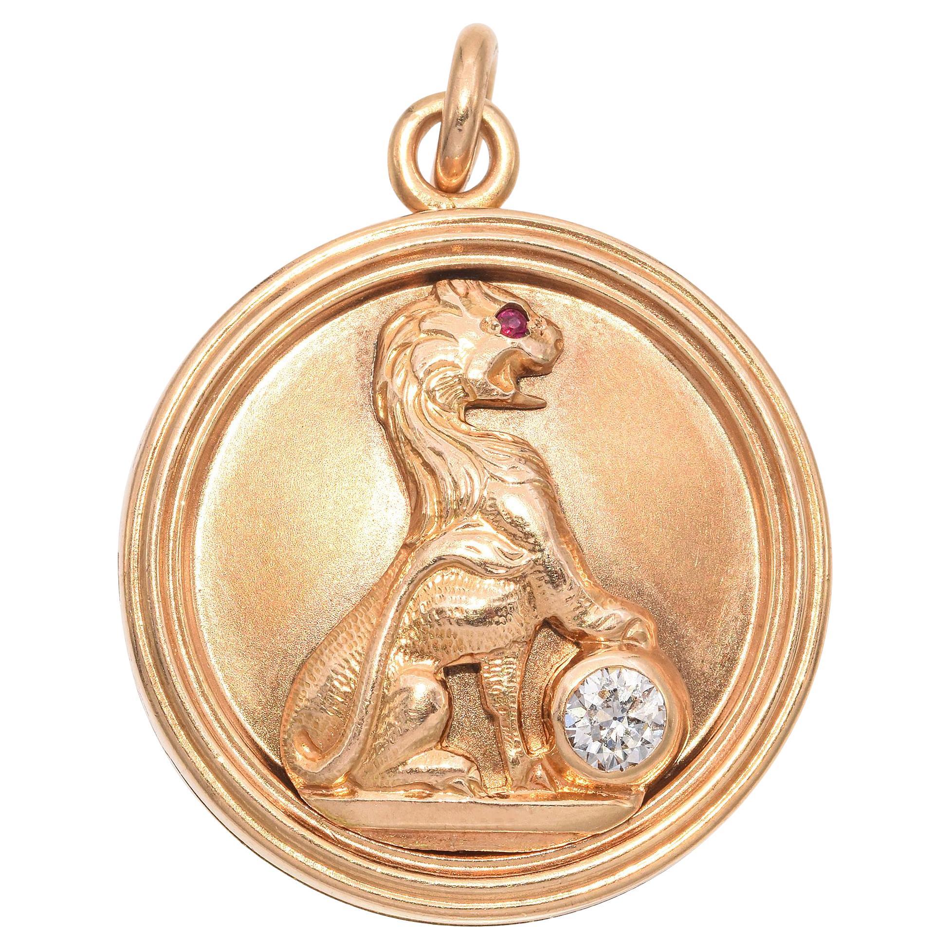 Antique 14k Yellow Gold Lion Holding A Diamond Sphere Locket