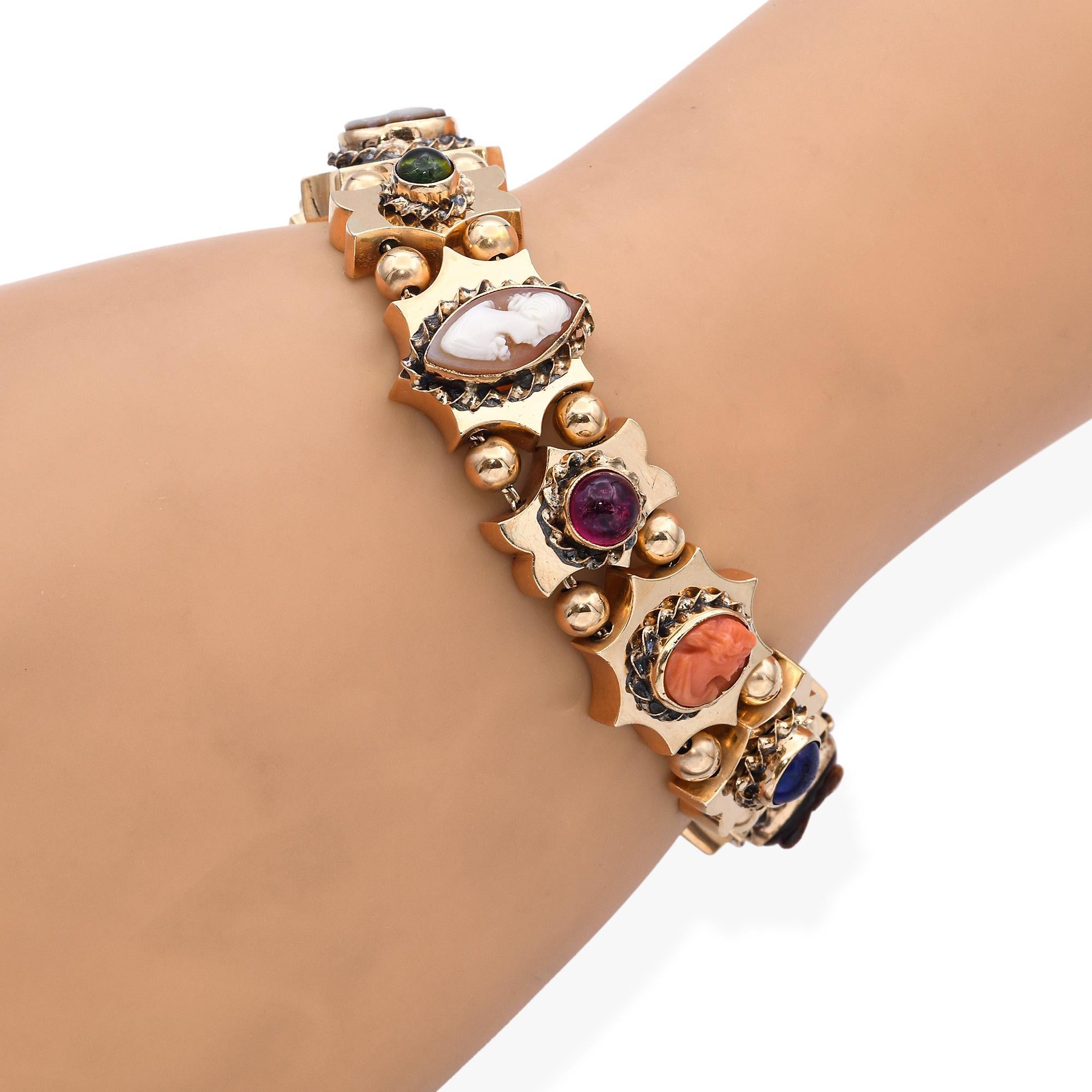 Pulsera antigua de oro amarillo de 14k con multipiedras y camafeo Corte mixto en venta