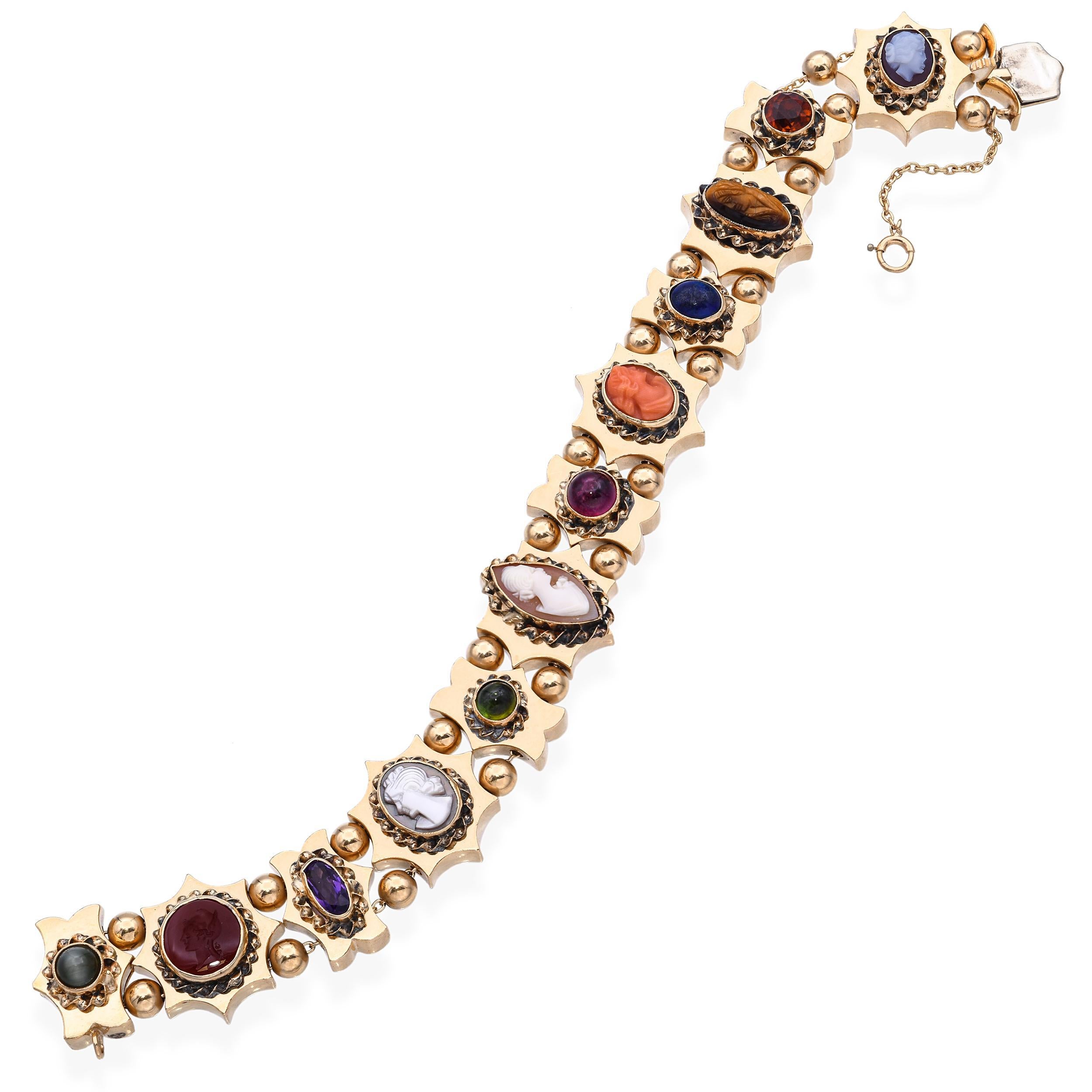 Pulsera antigua de oro amarillo de 14k con multipiedras y camafeo en Bueno estado para la venta en New York, NY