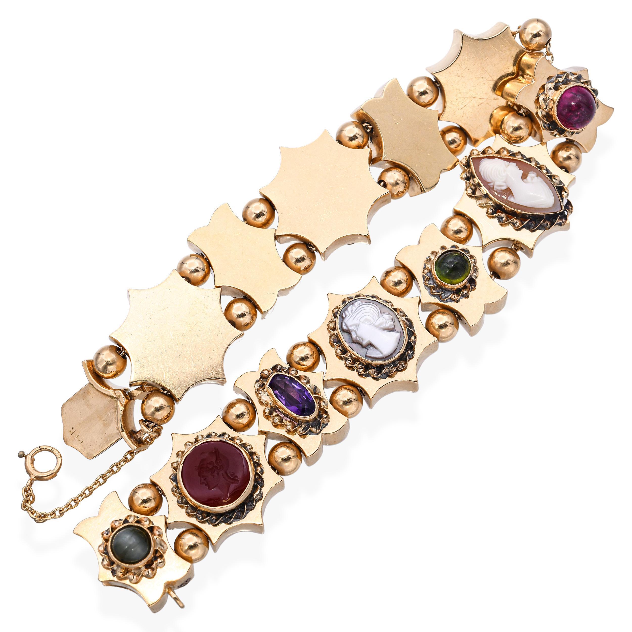 De las mujeres Pulsera antigua de oro amarillo de 14k con multipiedras y camafeo en venta