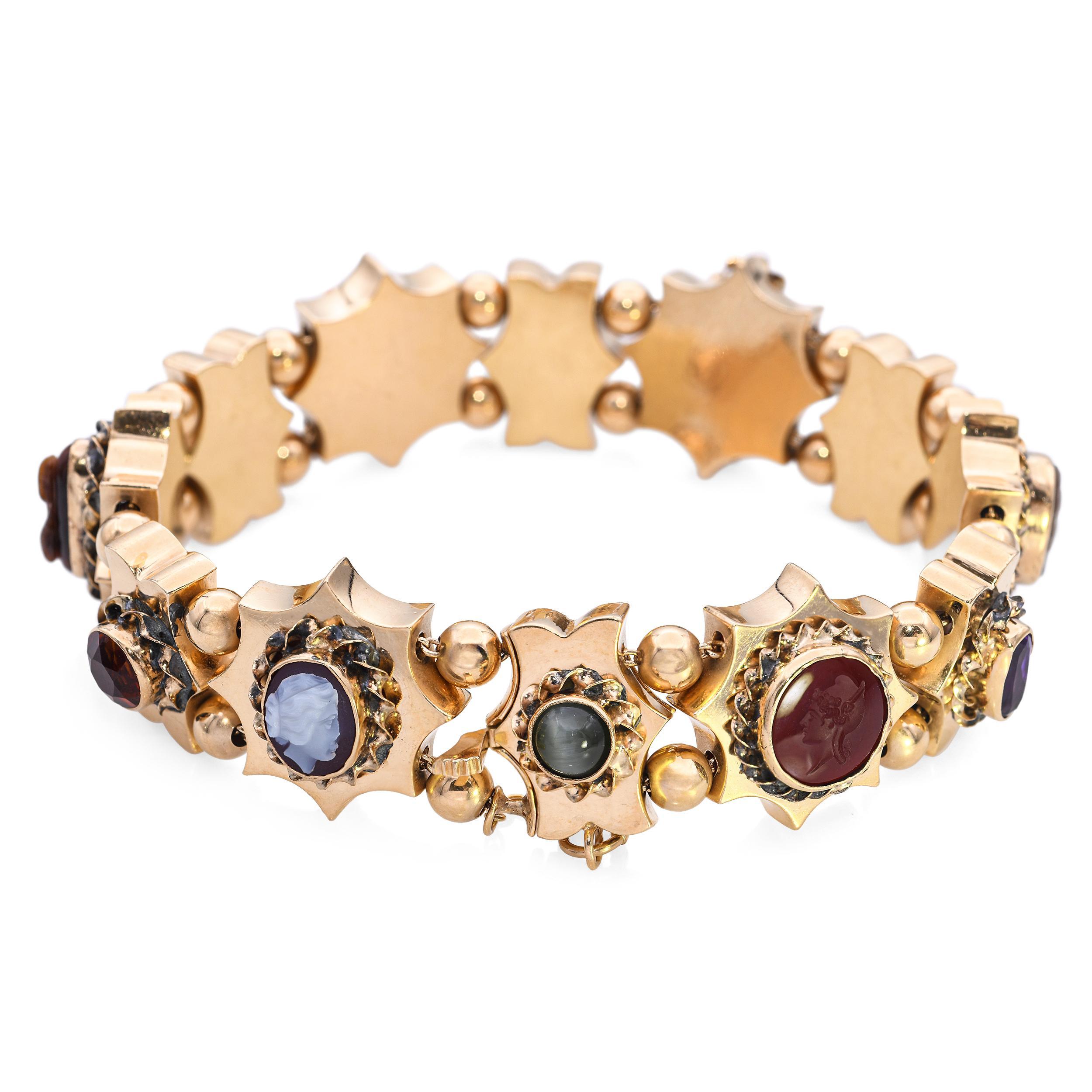 Pulsera antigua de oro amarillo de 14k con multipiedras y camafeo en venta 1