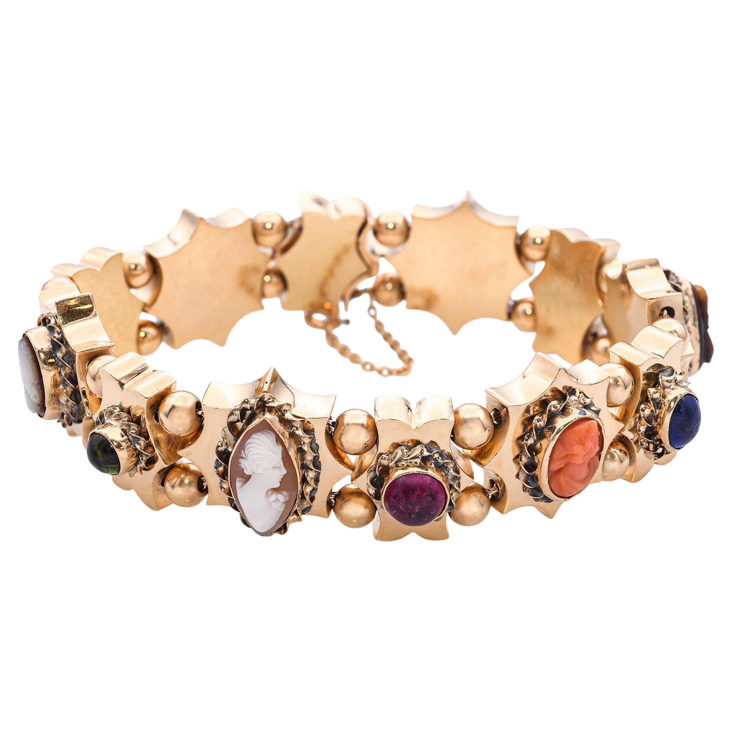 Pulsera antigua de oro amarillo de 14k con multipiedras y camafeo en venta