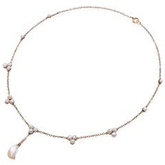 Antique 14k Yellow Gold Natural Pearl Lavalier Necklace