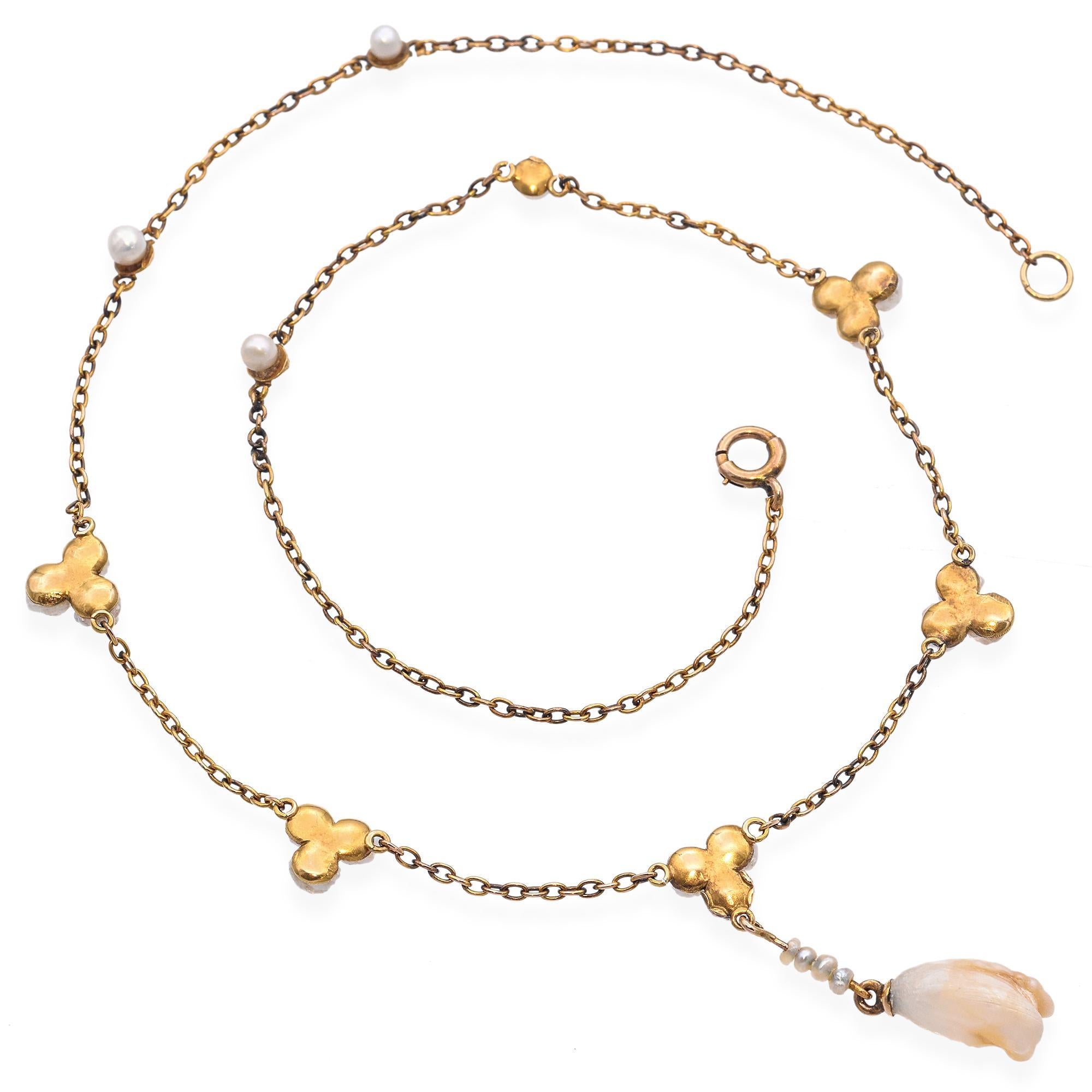 Donna Collana antica con perle naturali in oro giallo 14k in vendita