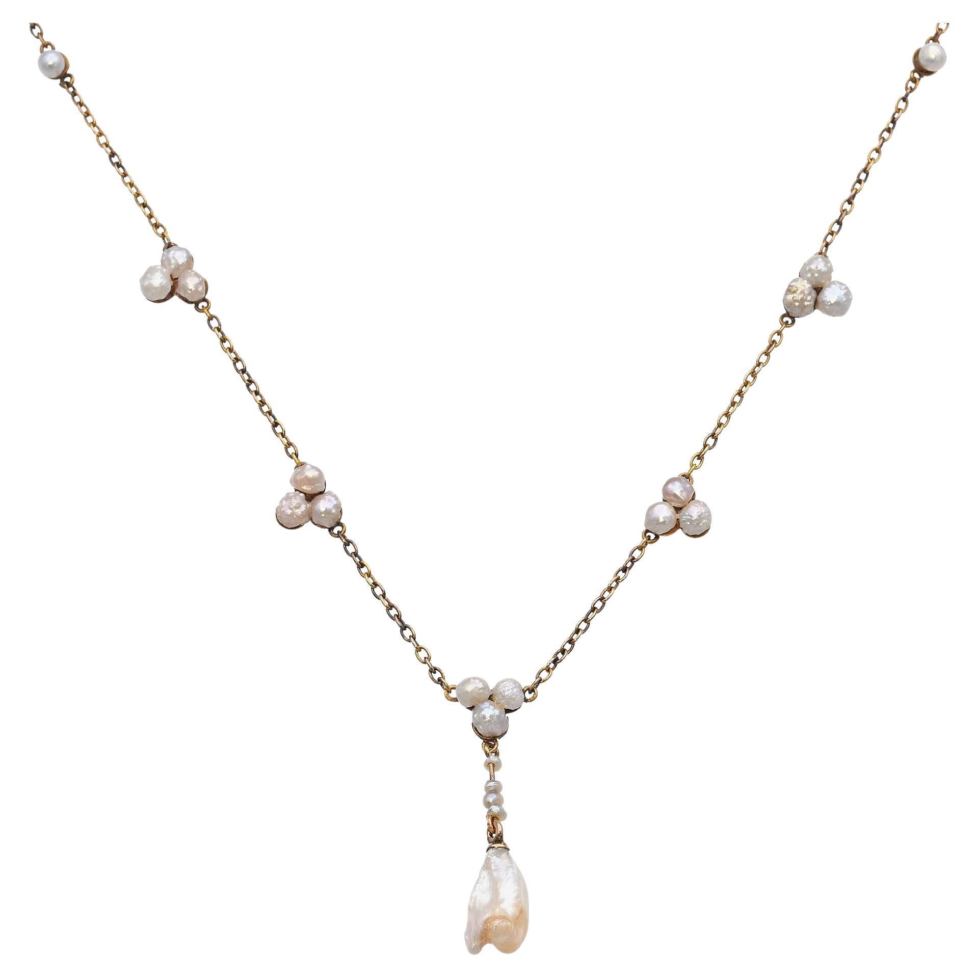 Antique 14k Yellow Gold Natural Pearl Lavalier Necklace