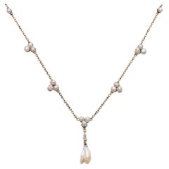 Vintage 14k Yellow Gold Natural Pearl Lavalier Necklace