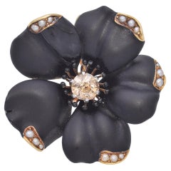 Antiguo Broche de Luto de Oro Amarillo de 14 K Antiguo Euro Champán Diamante