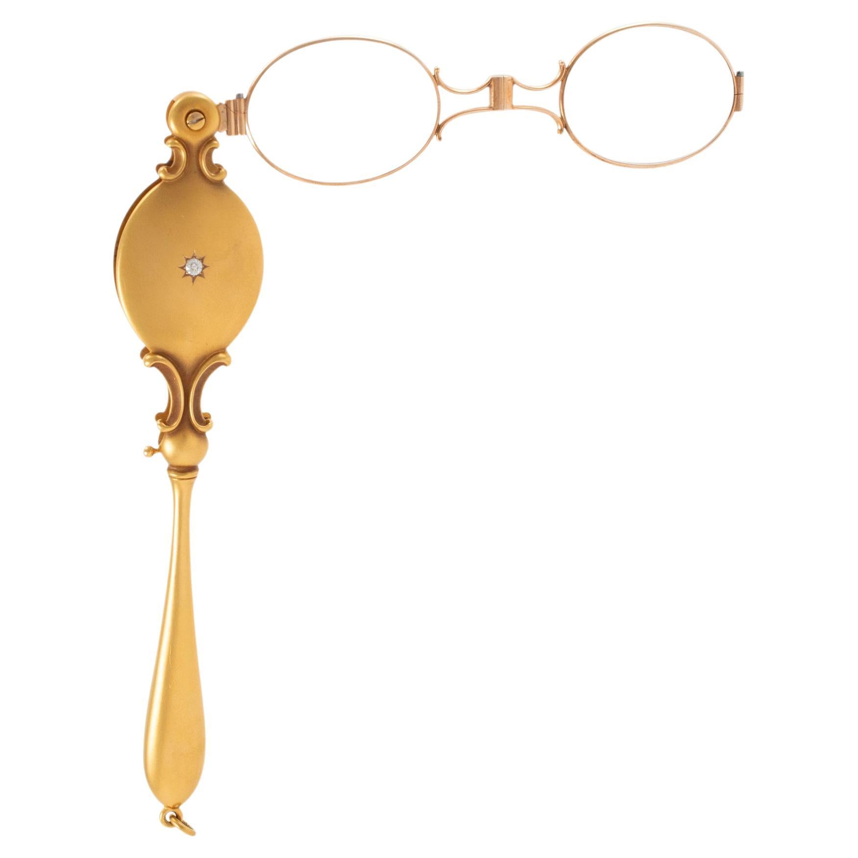 Verres d'opéra anciens Lorgnette pliants en or jaune 14 carats avec diamants taille vieille Europe