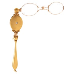 Antique 14K Yellow Gold Old European Cut Diamond Opera Lorgnette Folding Glasses