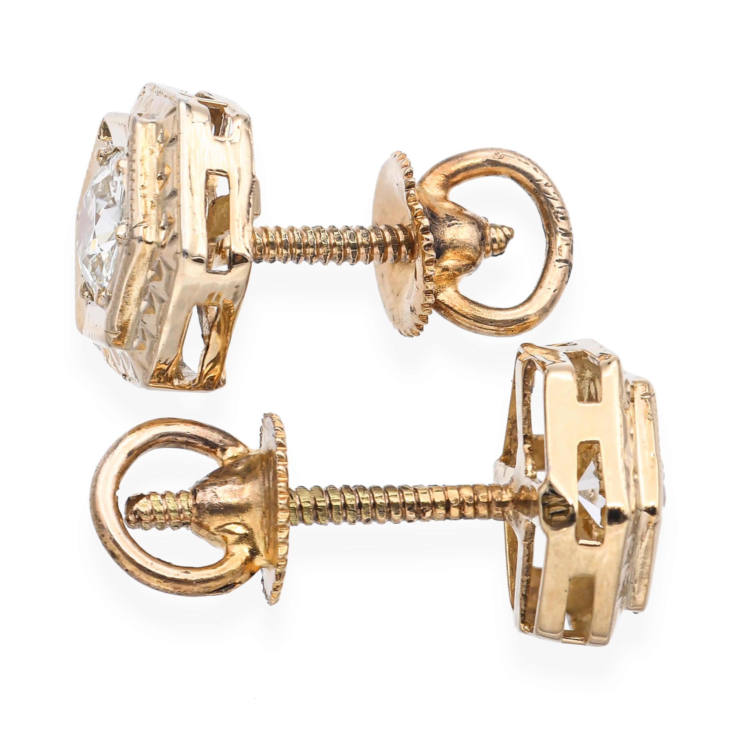 Boucles d'oreilles anciennes en or jaune 14K avec diamants de taille européenne vissés Bon état - En vente à New York, NY