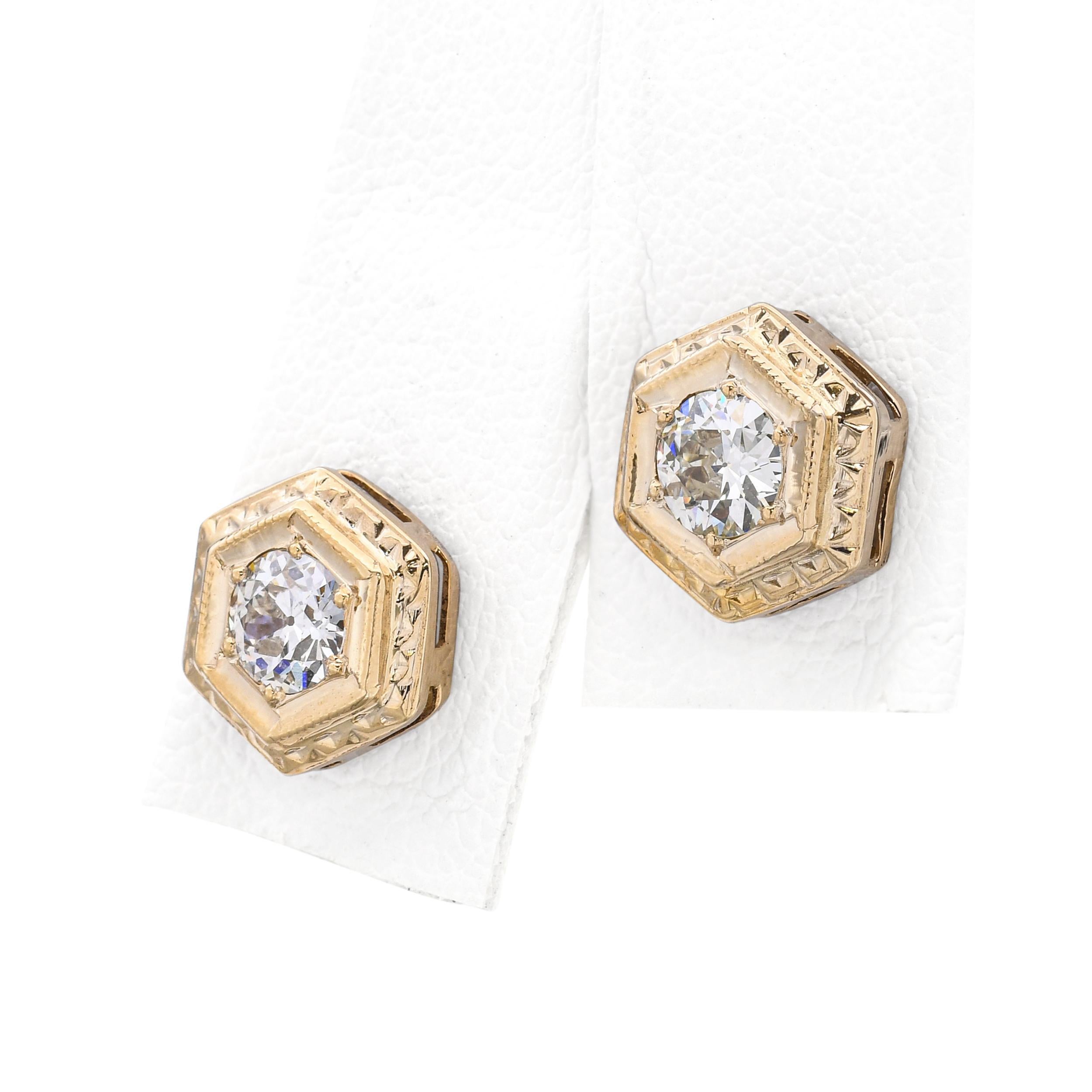Pendientes antiguos de oro amarillo de 14 quilates con diamantes de corte europeo enroscados en venta 1