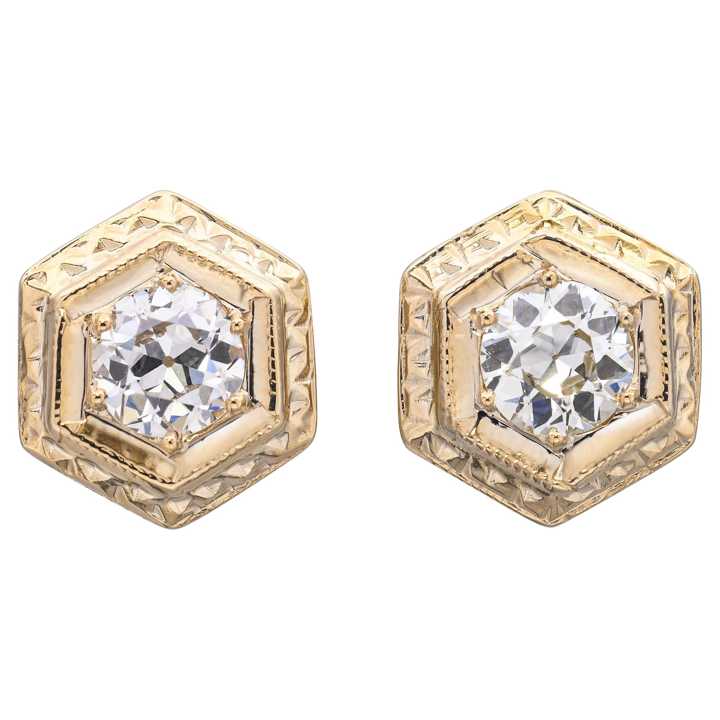 Boucles d'oreilles anciennes en or jaune 14K avec diamants de taille européenne vissés en vente