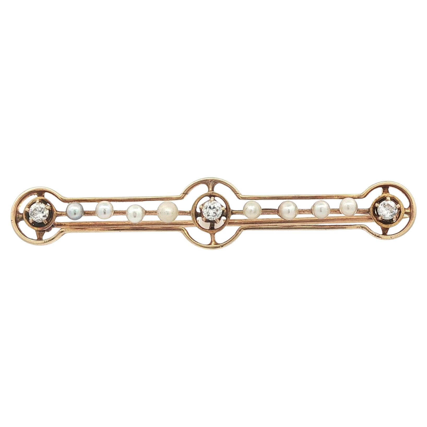 Antique 14k Yellow Gold Old European Diamond
Seed Pearl Target Bar Pin Brooch