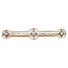 Antique 14k Yellow Gold Old European Diamond
Seed Pearl Target Bar Pin Brooch