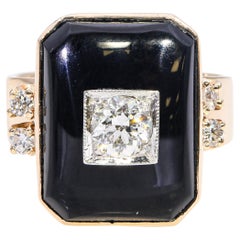 Anillo antiguo de oro amarillo de 14k con ónix y diamantes de 0,60 qt H Vs Euro Antiguo