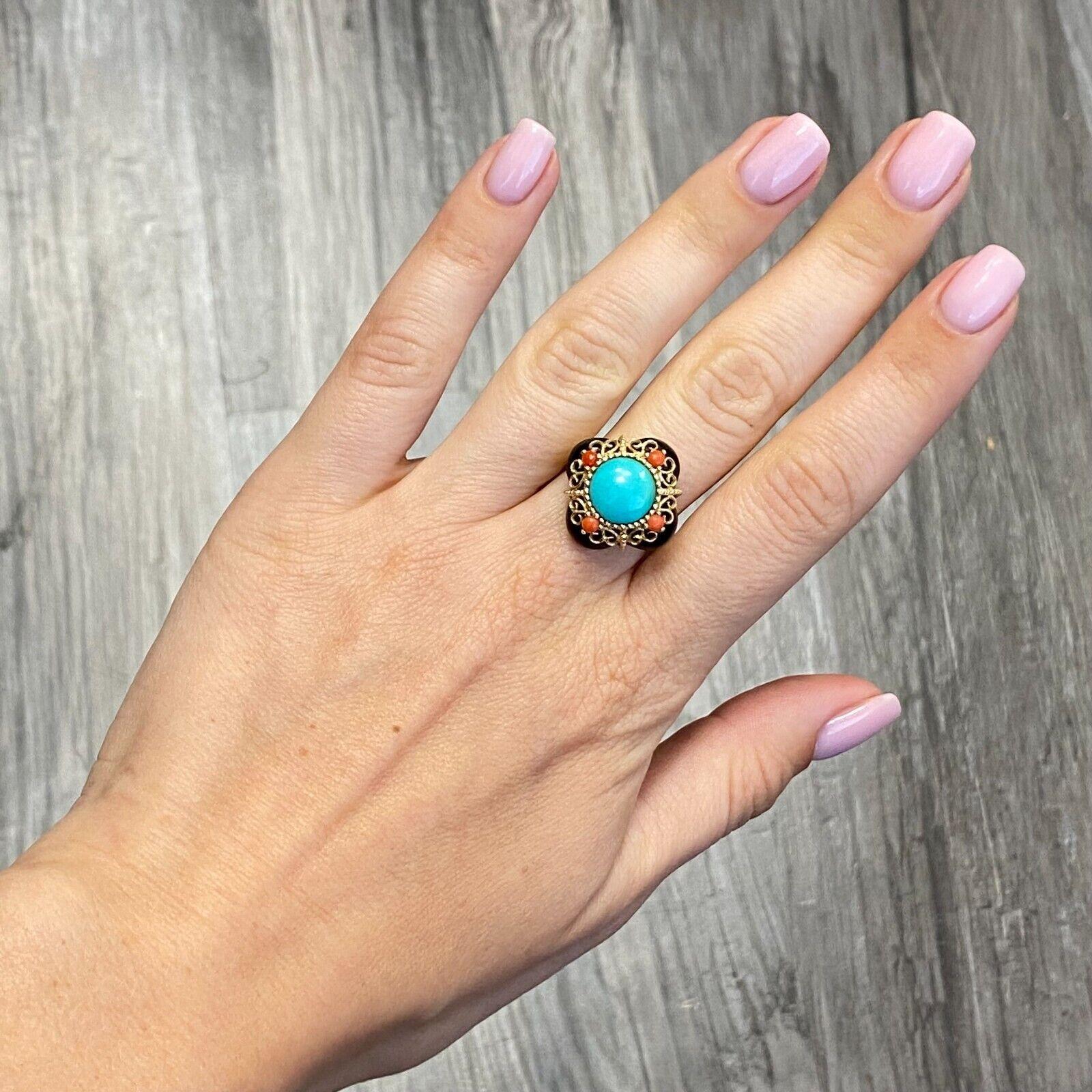 Specifications:
    main stone:  Turquoise 
    SIDE diamonds: ONYX, CORAL
    brand: UNBRANDED
    metal: 14K GOLD
    type: ring
    weight: 6.2 gr
    size: 6.75 US
    hallmark: 14K 

