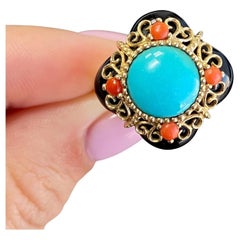 Antique 14k Yellow Gold Onyx, Coral and Turquoise Ring