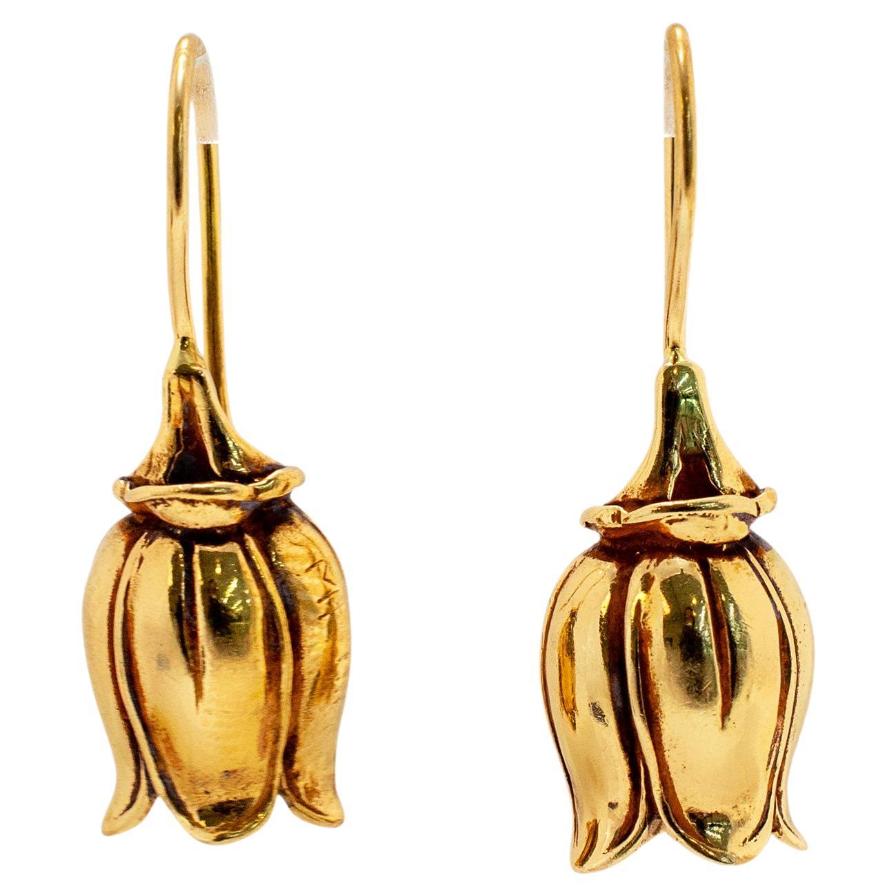 Antique 14K Yellow Gold Open Floral Drop Earrings