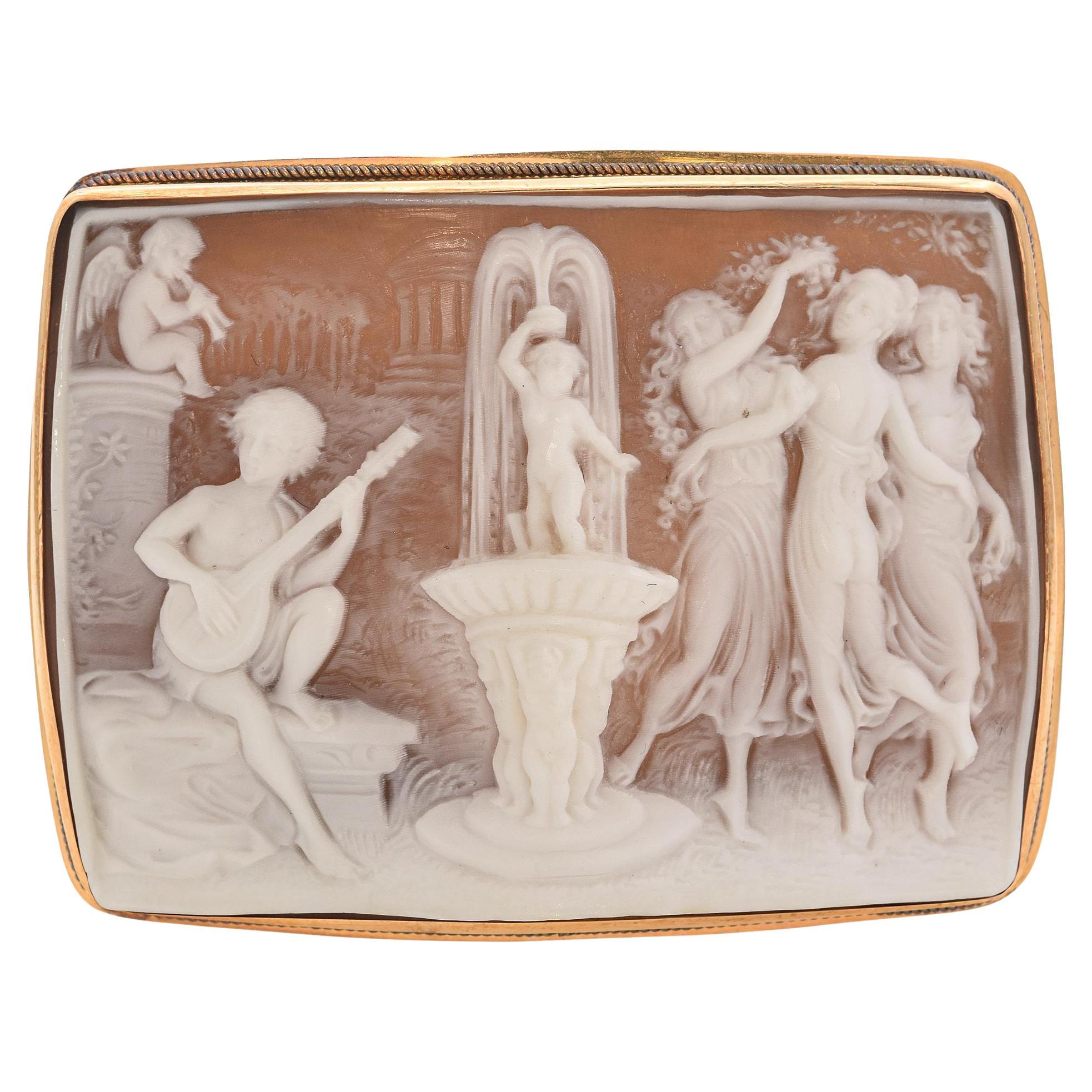 Antique 14k Yellow Gold "Orpheus Playing for Three Graces" Cameo Brooch