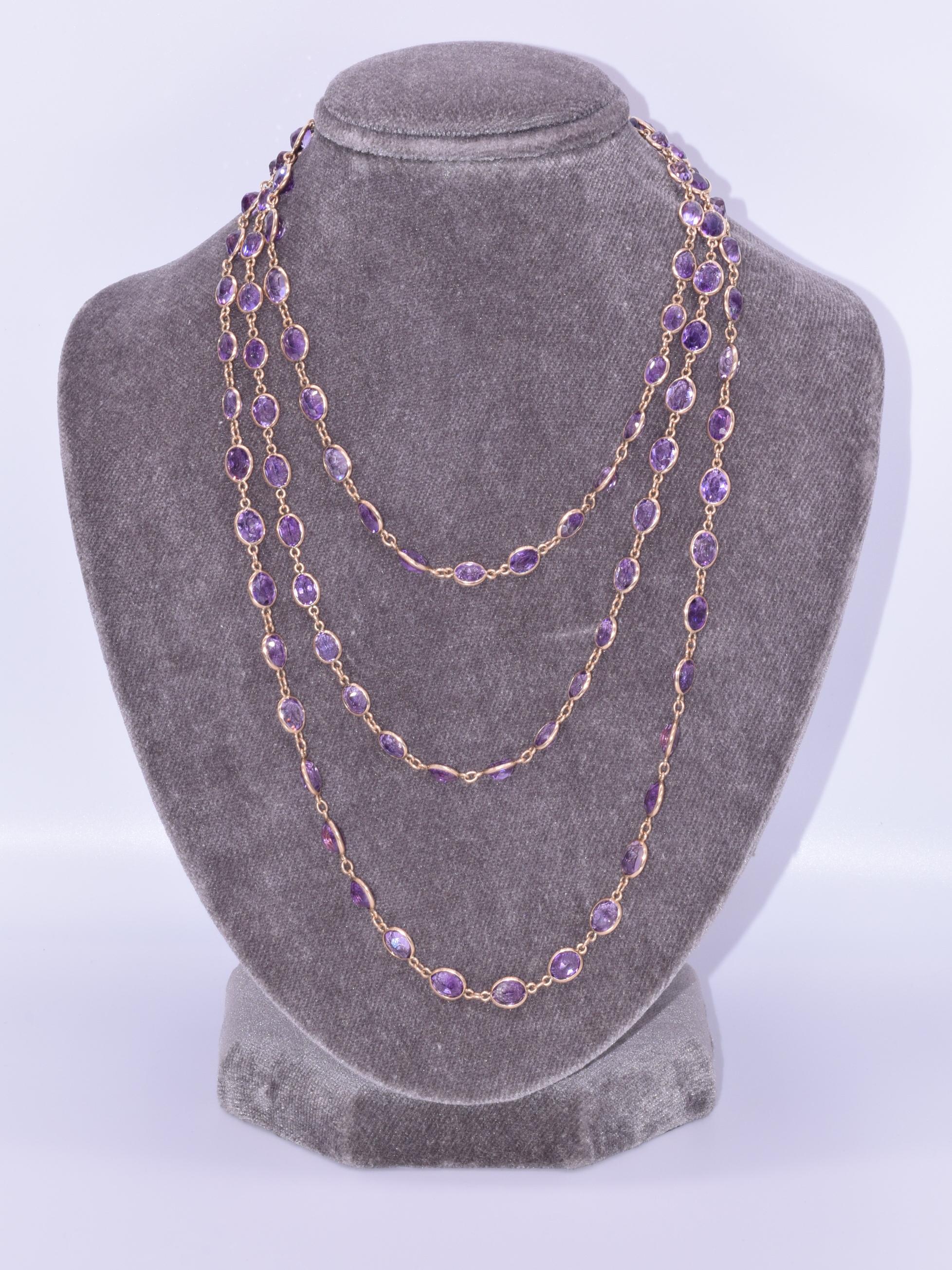 Victorian Antique 14 Karat Yellow Gold Oval Amethyst Chain, circa 1890s