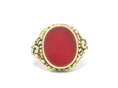 Antique 14k Yellow Gold Oval Bezel Carnelian Repousse Scroll work Ring
