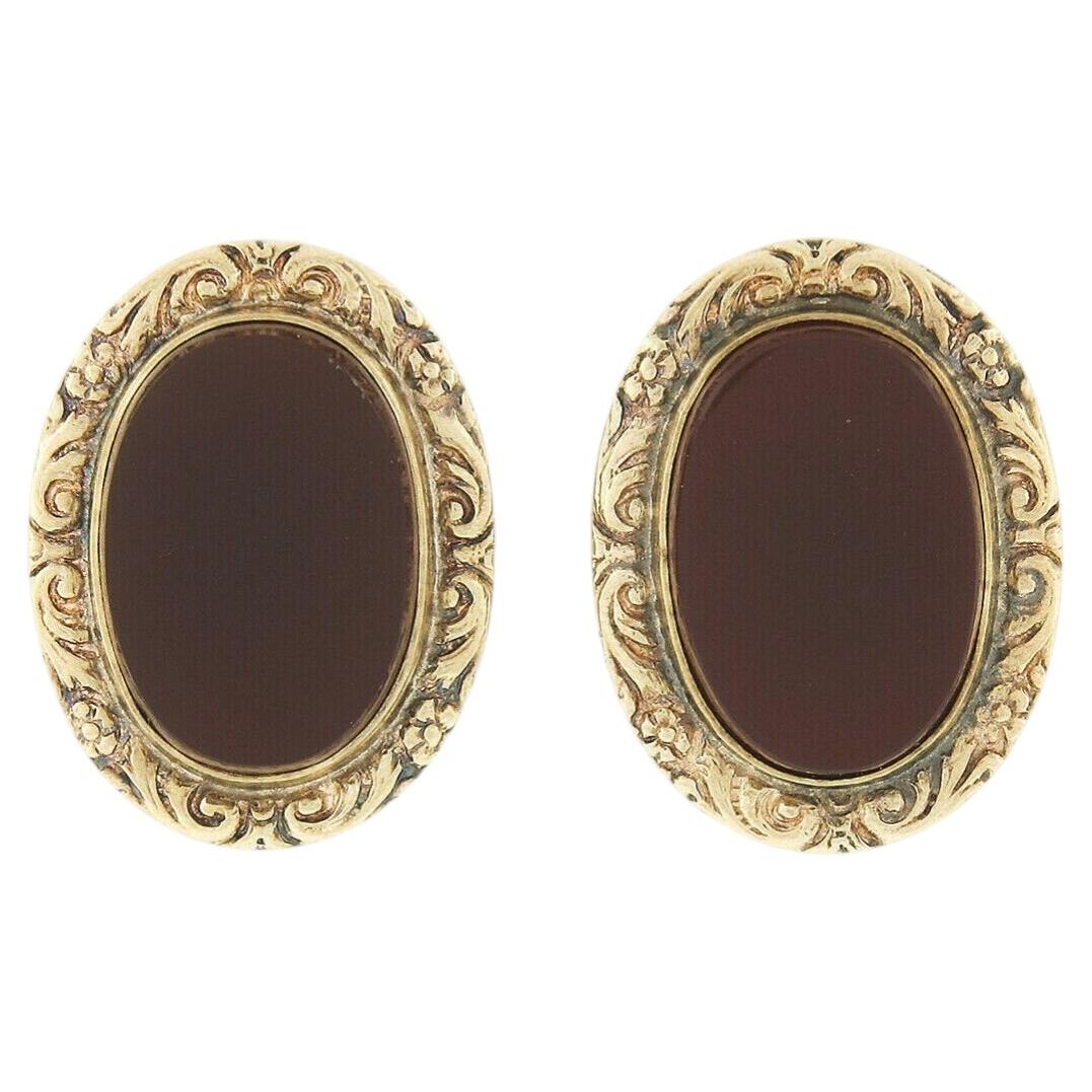 Antique 14K Yellow Gold Oval Bezel Carnelian Repousse Work Frame Button Earrings