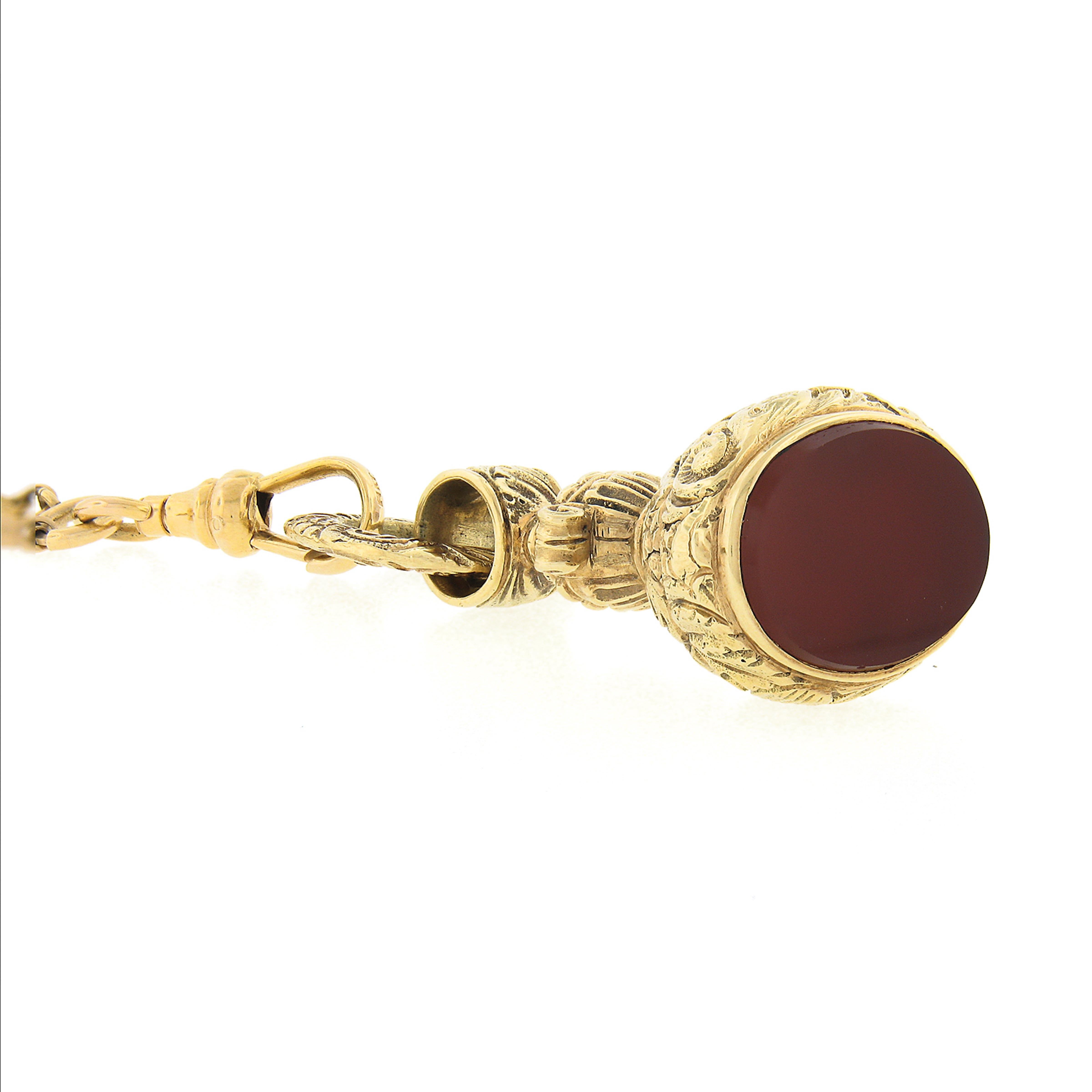 Antique 14k Yellow Gold Oval Carnelian Repousse Work FOB Pendant w/ Rope Chain In Good Condition In Montclair, NJ