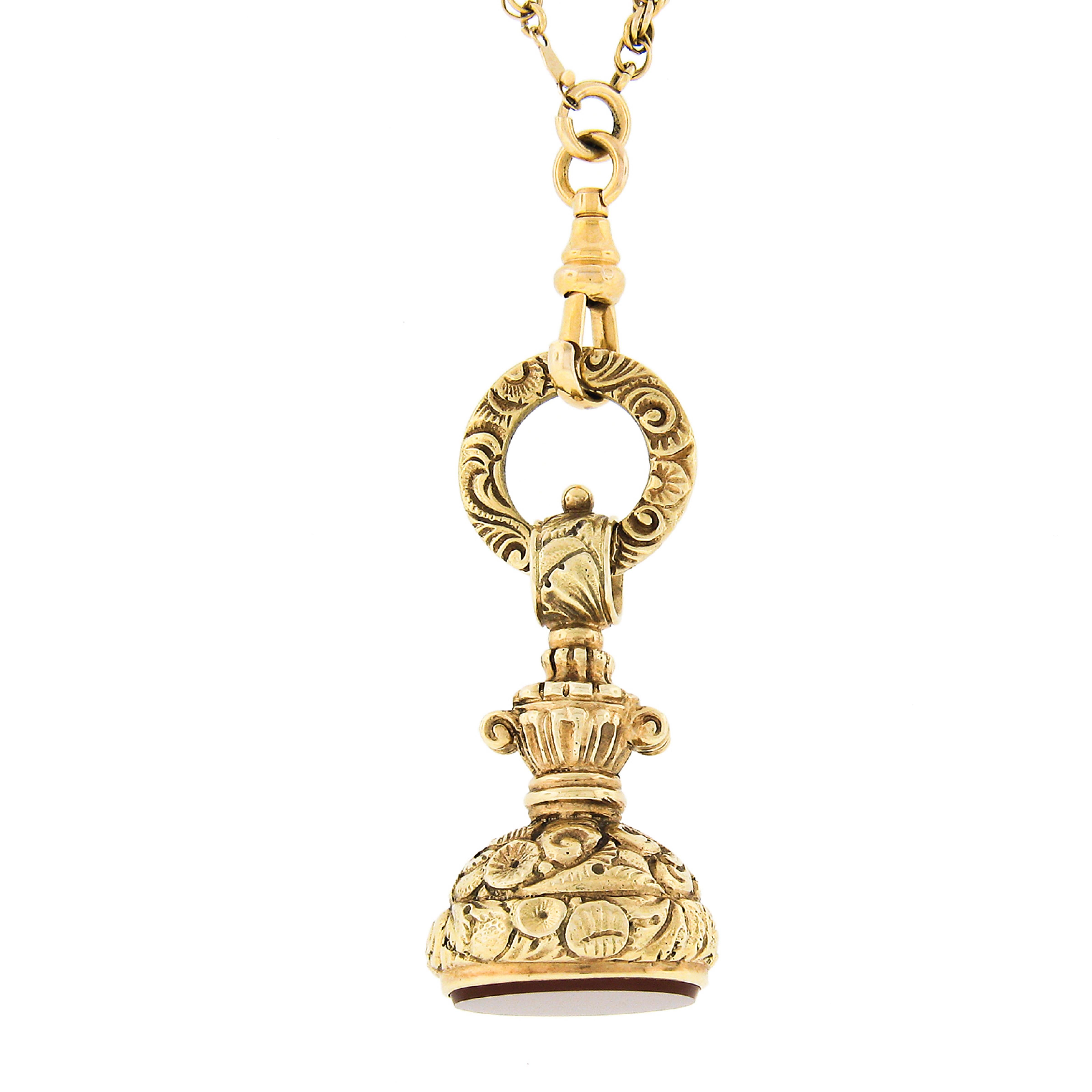 Women's or Men's Antique 14k Yellow Gold Oval Carnelian Repousse Work FOB Pendant w/ Rope Chain
