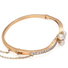 Antique 14K Yellow Gold Pearl & 0.94 TCW Diamond Hinged Bangle Bracelet