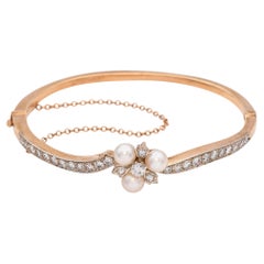 Antique 14K Yellow Gold Pearl & 0.94 TCW Diamond Hinged Bangle Bracelet