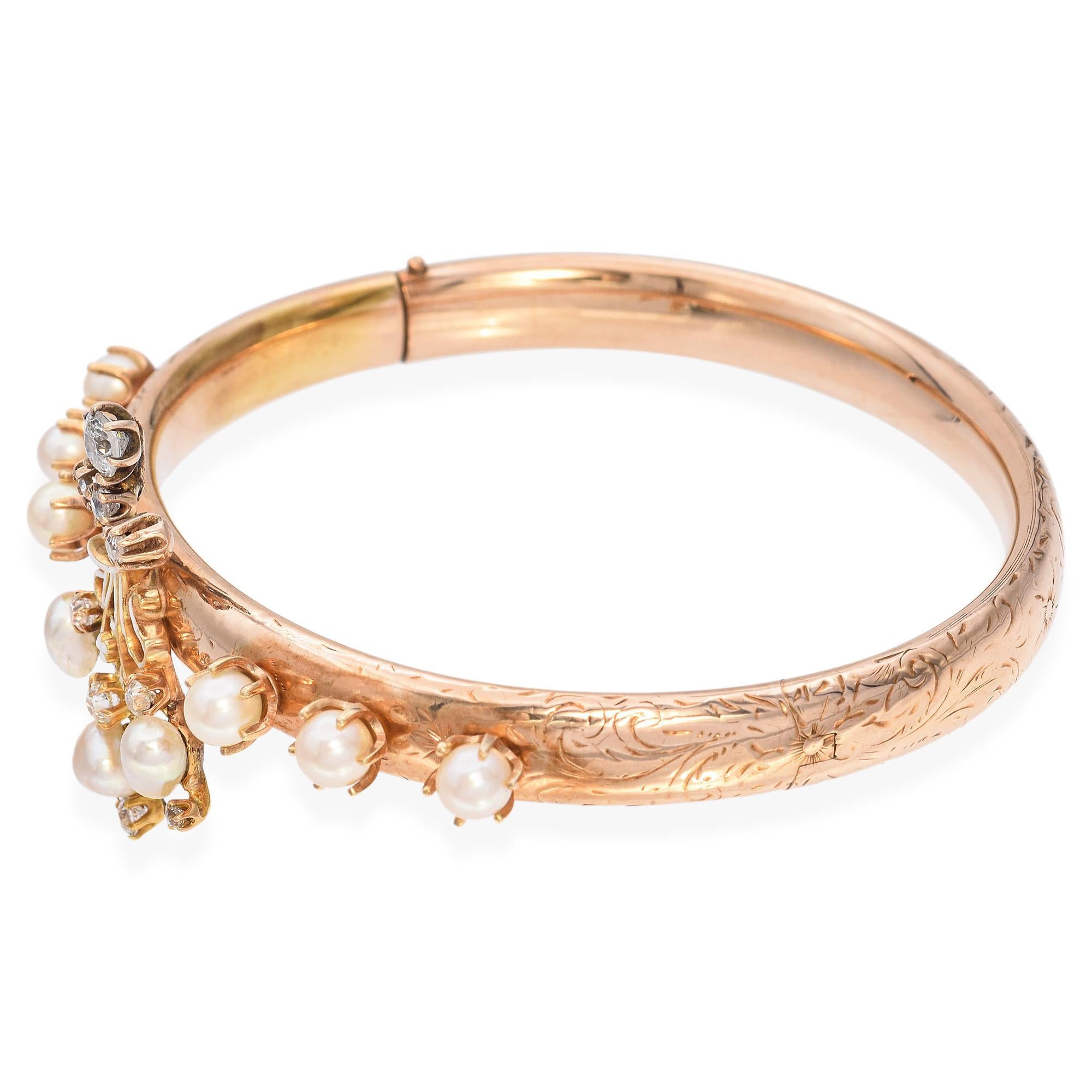 Victorian Antique 14k Yellow Gold Pearl and Diamond Bracelet For Sale