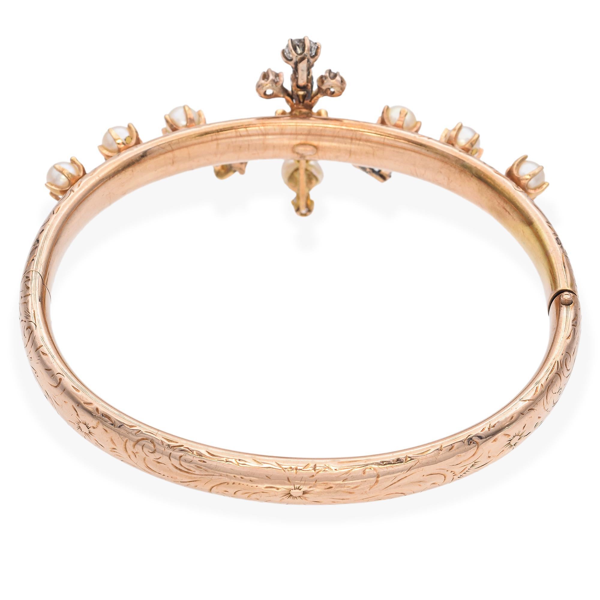 Old European Cut Antique 14k Yellow Gold Pearl and Diamond Bracelet For Sale