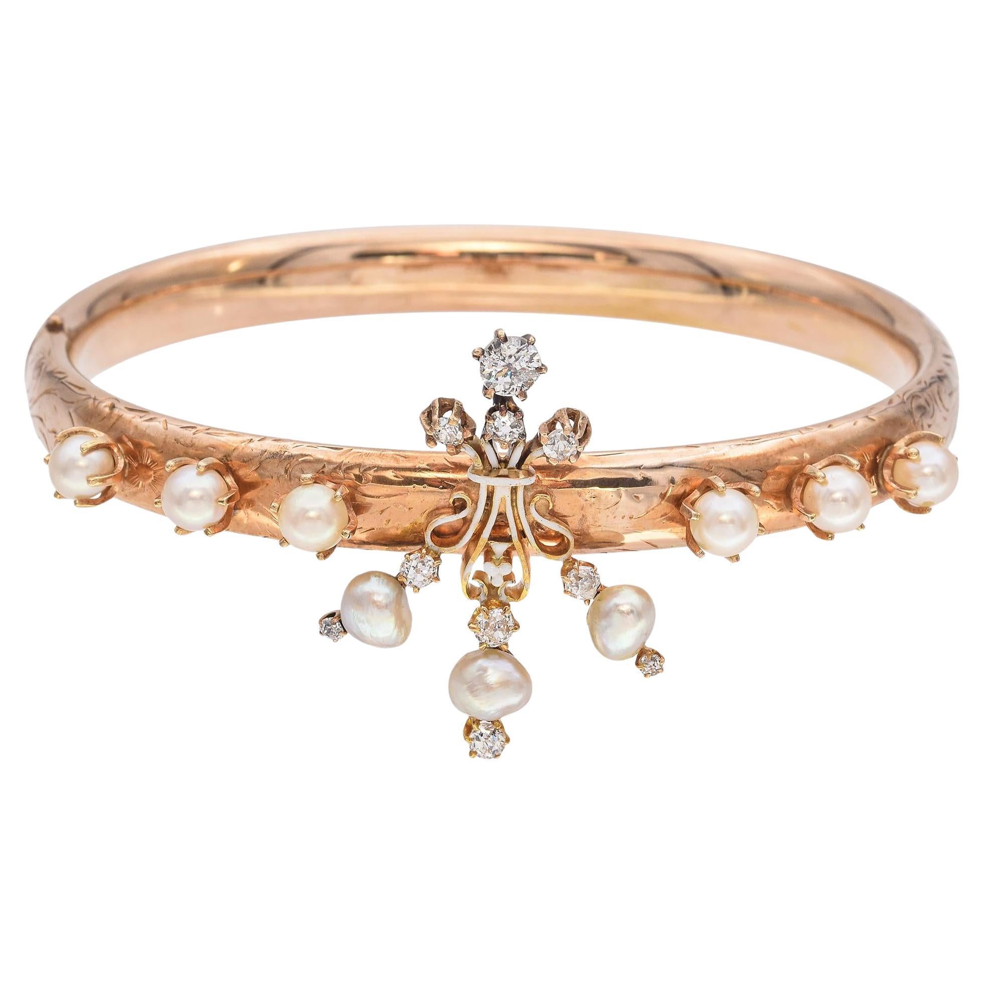 Antique 14k Yellow Gold Pearl and Diamond Bracelet