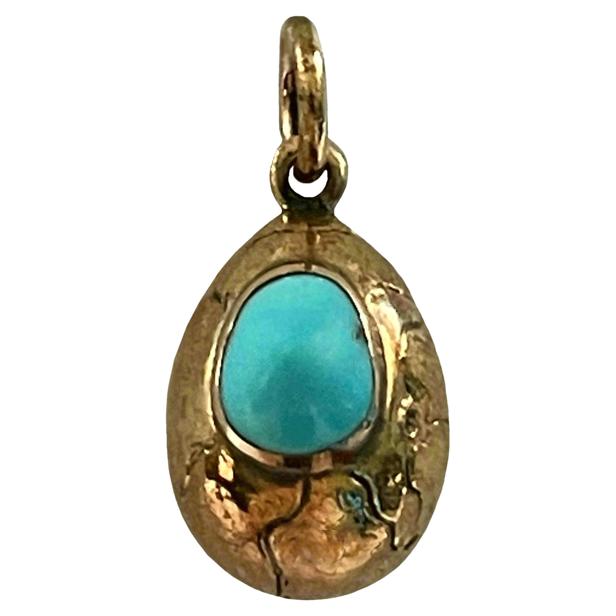 Antique 14K Yellow Gold & Persian Turquoise Egg Pendant - Early 20th Century For Sale