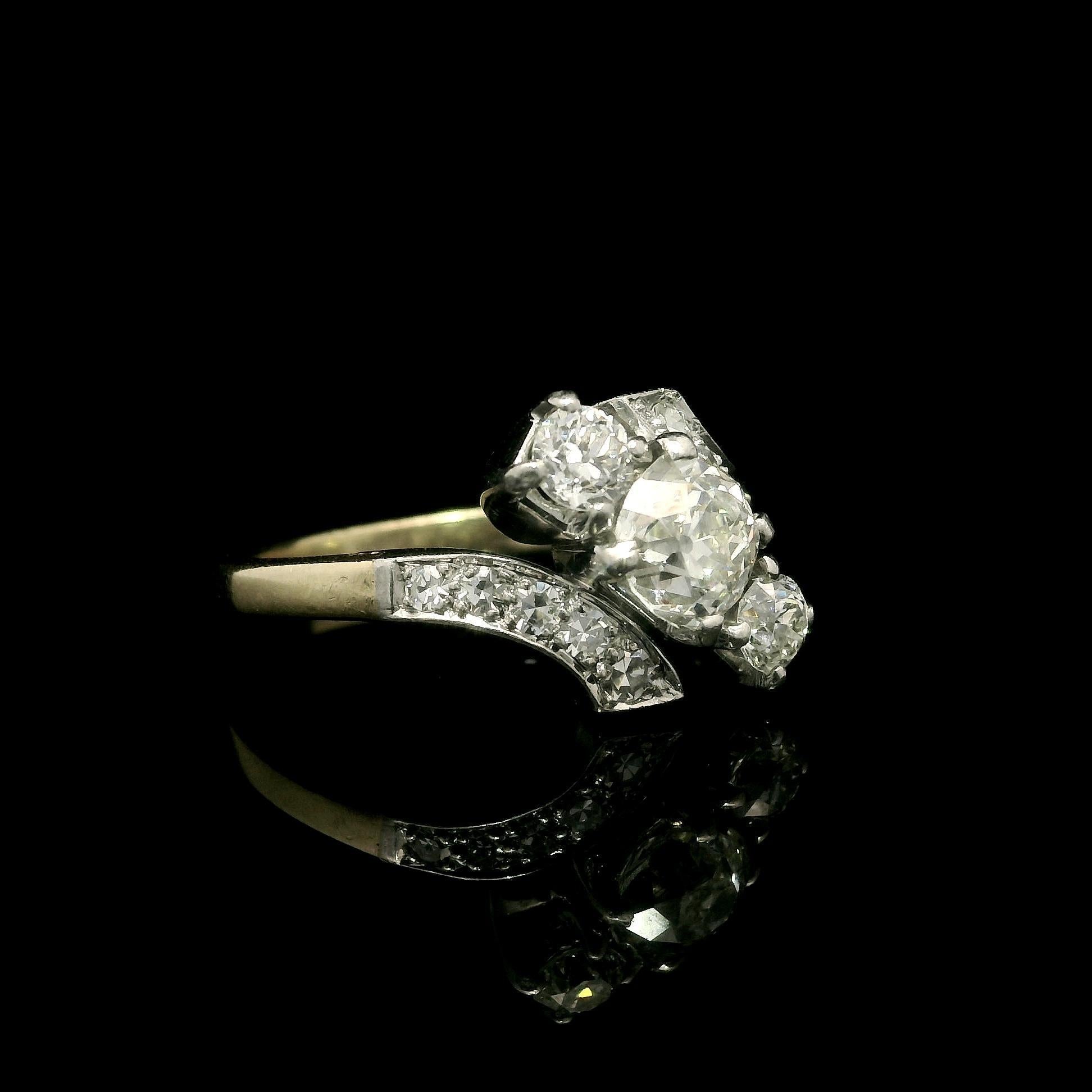 Antiker 14k Gelbgold Platin 1,22ctw klobiger alter Mine Cut Diamantring Damen im Angebot