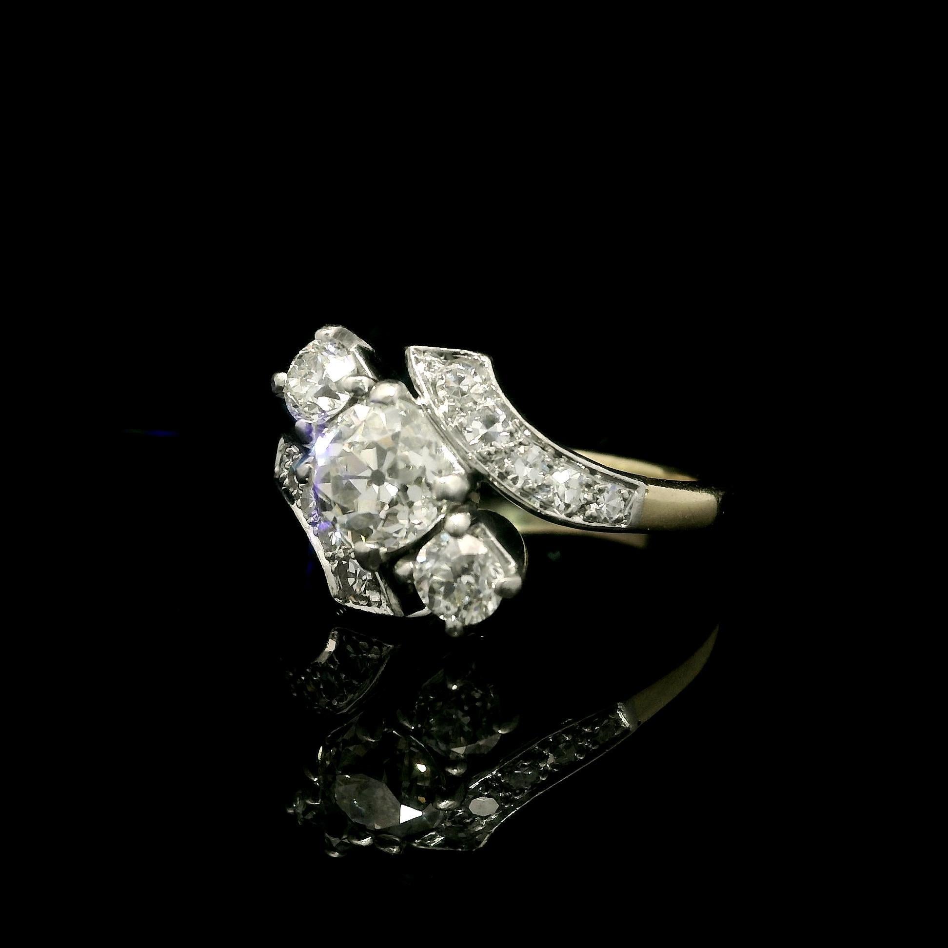 Antiker 14k Gelbgold Platin 1,22ctw klobiger alter Mine Cut Diamantring im Angebot 3