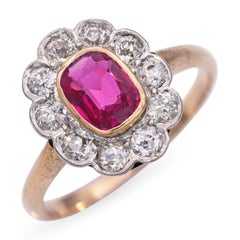 Antique 14k Yellow Gold Platinum Top 0.51ct Ruby and Diamond Halo Ring
