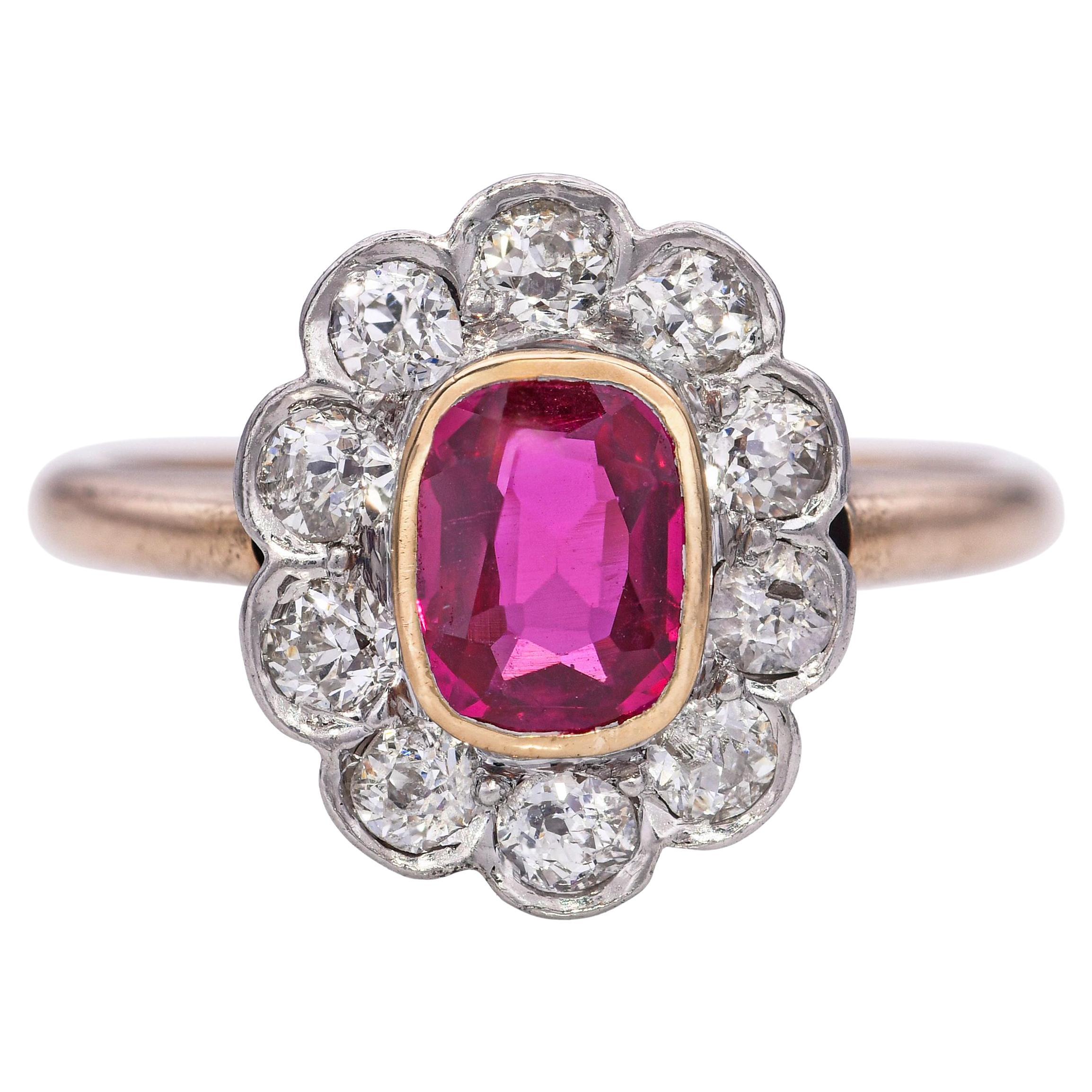 Anello antico in oro giallo 14k e platino 0,51ct con rubino e diamante a raggiera